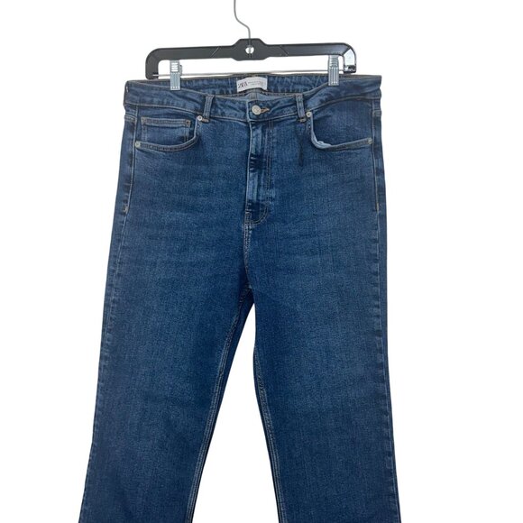 Zara Womens Hi-Rise Straight Leg Blue Denim Jeans Size USA 12 Side Ankle Split - Picture 8 of 13